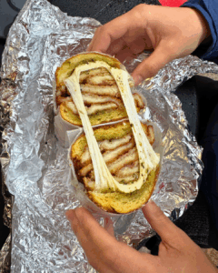 Chicken pesto mozzarella sandwich on crusty bread from Faicco’s in Greenwich Village