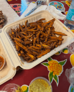 Crispy sweet potato fries served in a compostable takeout container