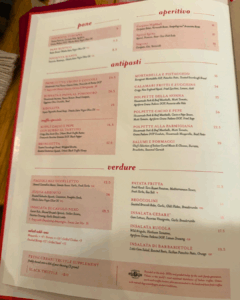 Dinner menu page from La Pizza & La Pasta at Eataly in New York City