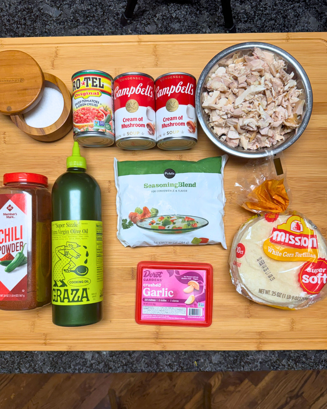 Flat lay of the ingredients for Kings Ranch Casserole