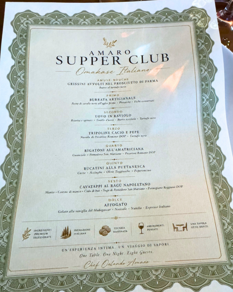 Amaro Supper Club Italian omakase menu featuring a multi-course tasting dinner by Chef Orlando Amaro in Fairhope, Alabama.