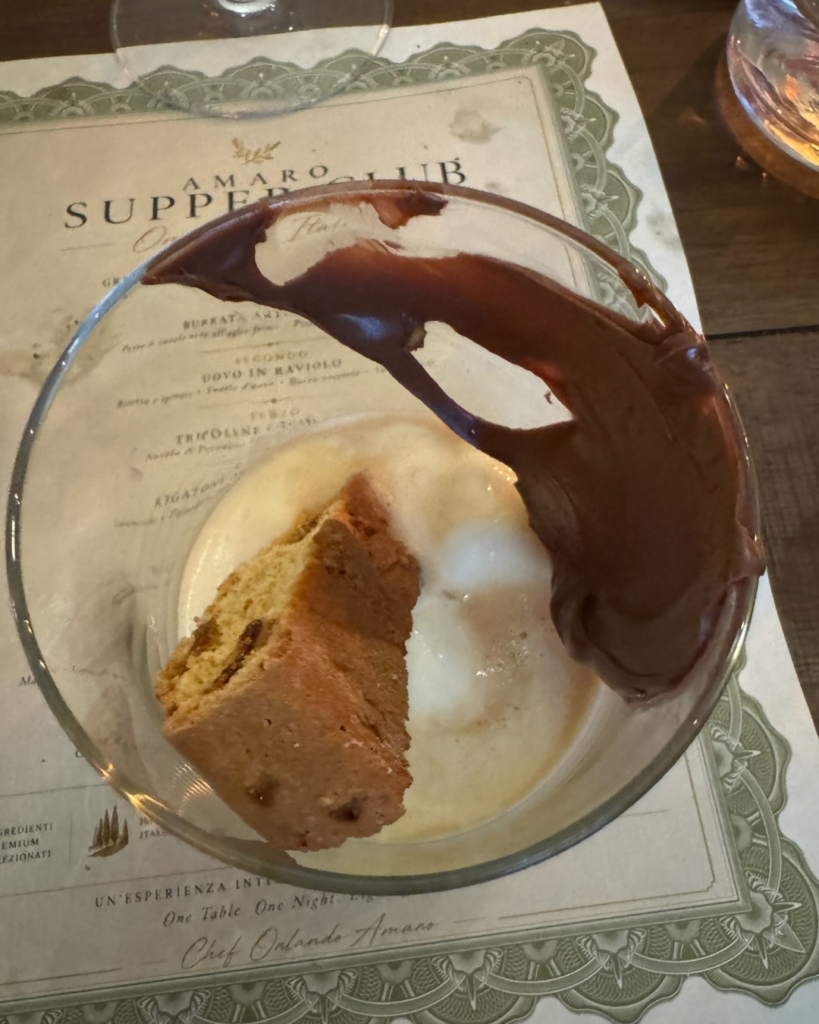 Italian affogato with Madagascar vanilla gelato, fresh espresso, Nutella, hazelnuts, and fig biscotti at Amaro Supper Club.