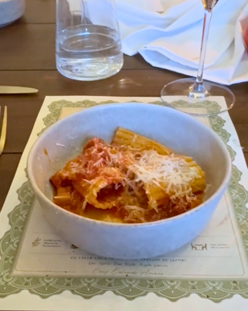 Rigatoni all'Amatriciana made with San Marzano tomatoes, Italian guanciale, and Parmesan cheese at Amaro Supper Club.